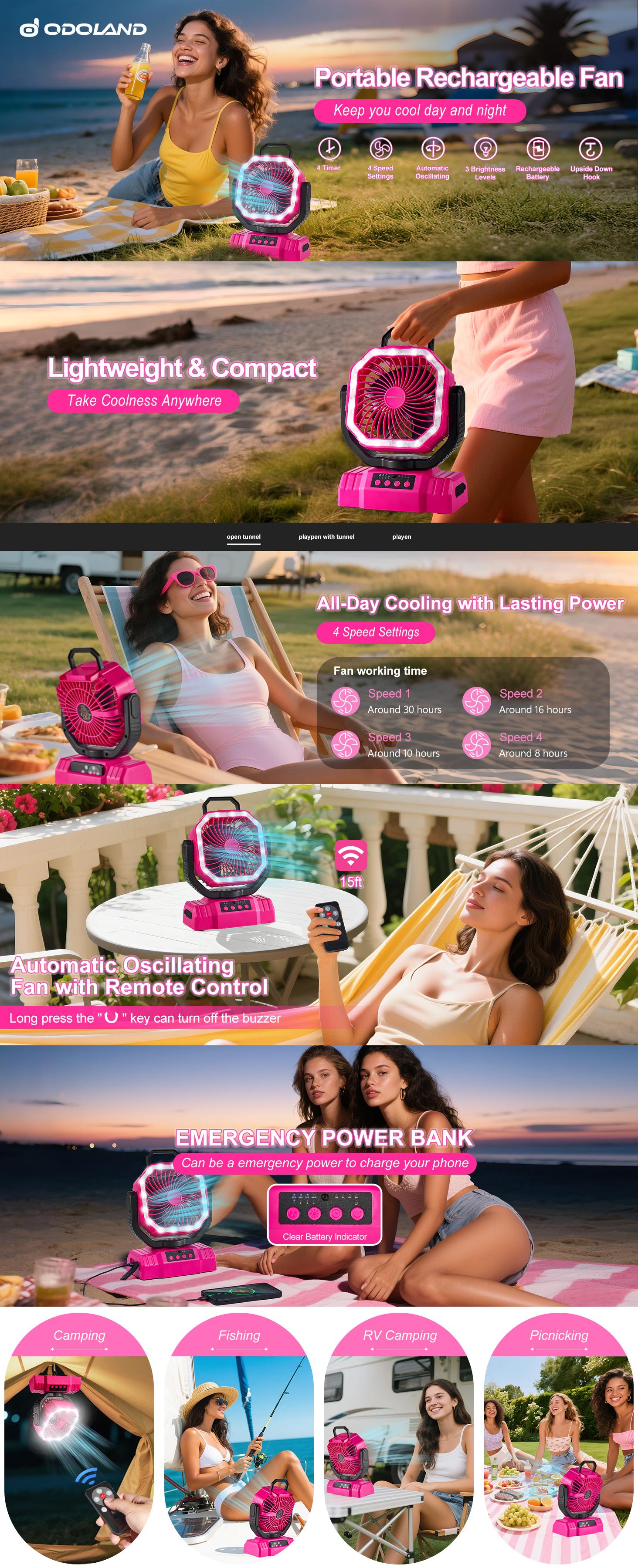 Odoland Portable Camping Fan with LED Lantern, 20000mAh Rechargeable Battery Powered Fan with Auto Oscillation, Timer, Remote, 360° Rotation Hook, 4 Speeds Tent Fan for Power Outage Travel Home, Pink