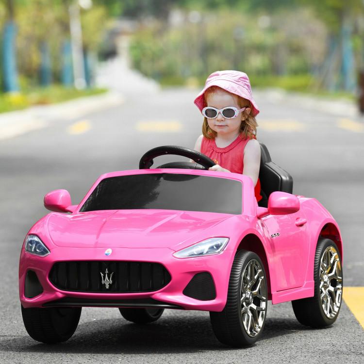 Costway-Pink Ride On Car, Licensed Maserati 12V Battery Powered Electric Car for Kids with Parent Remote Control, Lights, Horn, Music, 4-Wheel Ride on Toys for Toddlers, Gift for Boys Girls