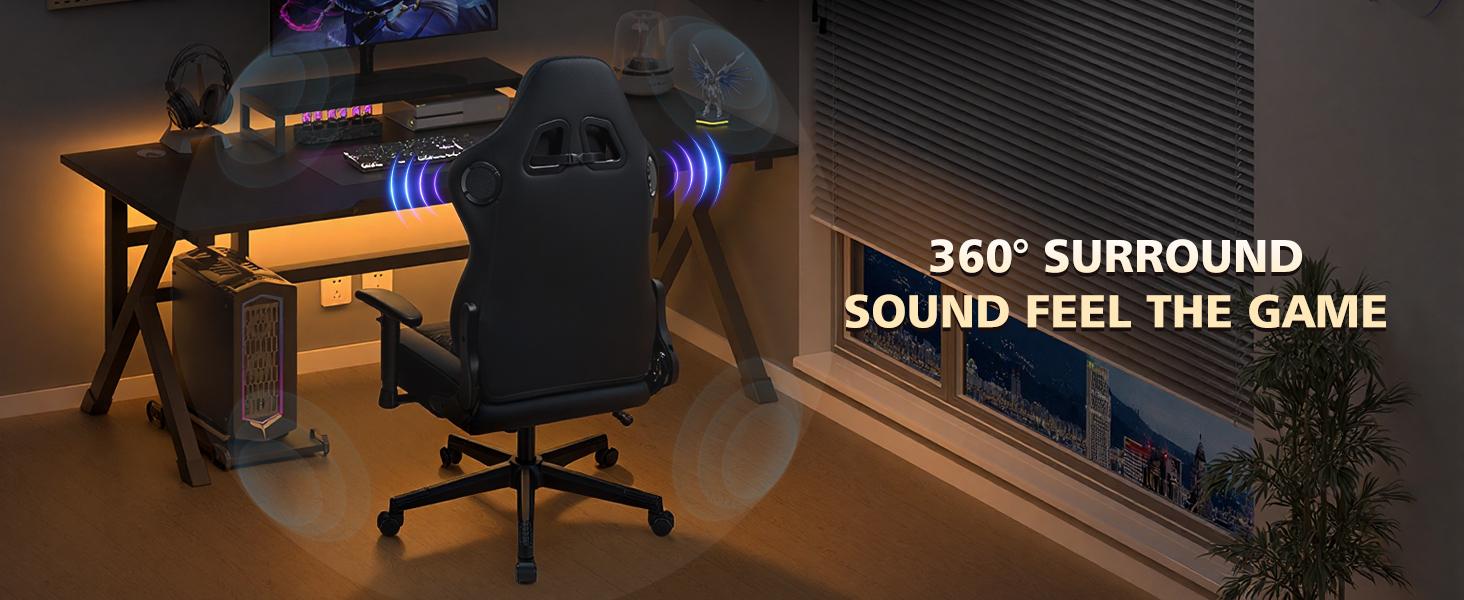 HOFFREE Gaming Chair Suede Fabric with Speakers Massage Gaming Chairs with Pocket Spring Cushion 165° Reclining Game Chairs for Adults Ergonomic Computer Chair for Gaming Office Black