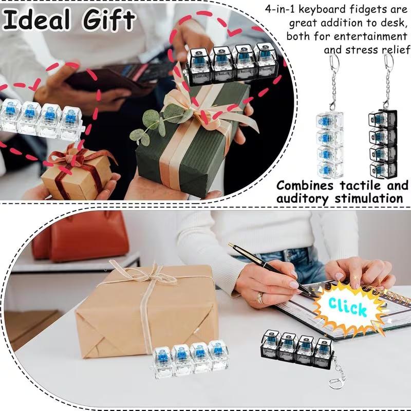Keyboard-style charm, four-in-one stress-relief keychain, transparent color, non-illuminated, comes with a portable ring, a cute little accessory for keys or bags （1 pack )