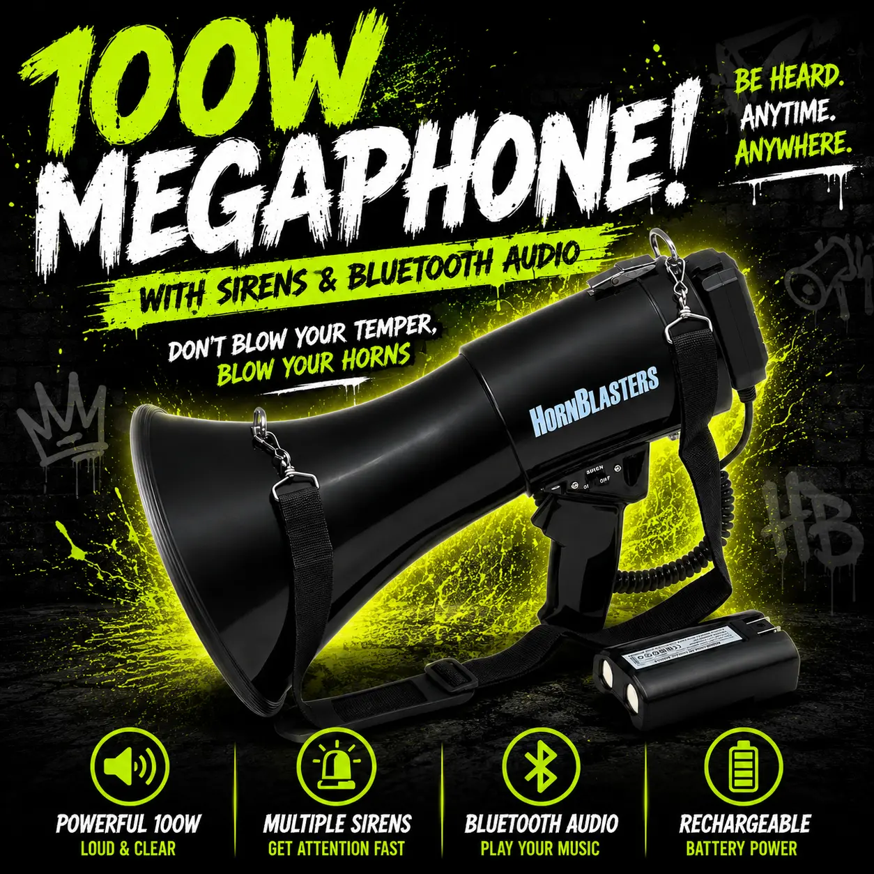 HornBlasters 100 Watt Megaphone with Sirens & Bluetooth Audio | Extremely Loud + 4000 Feet Range | USB & Bluetooth Inputs + Rechargeable Battery