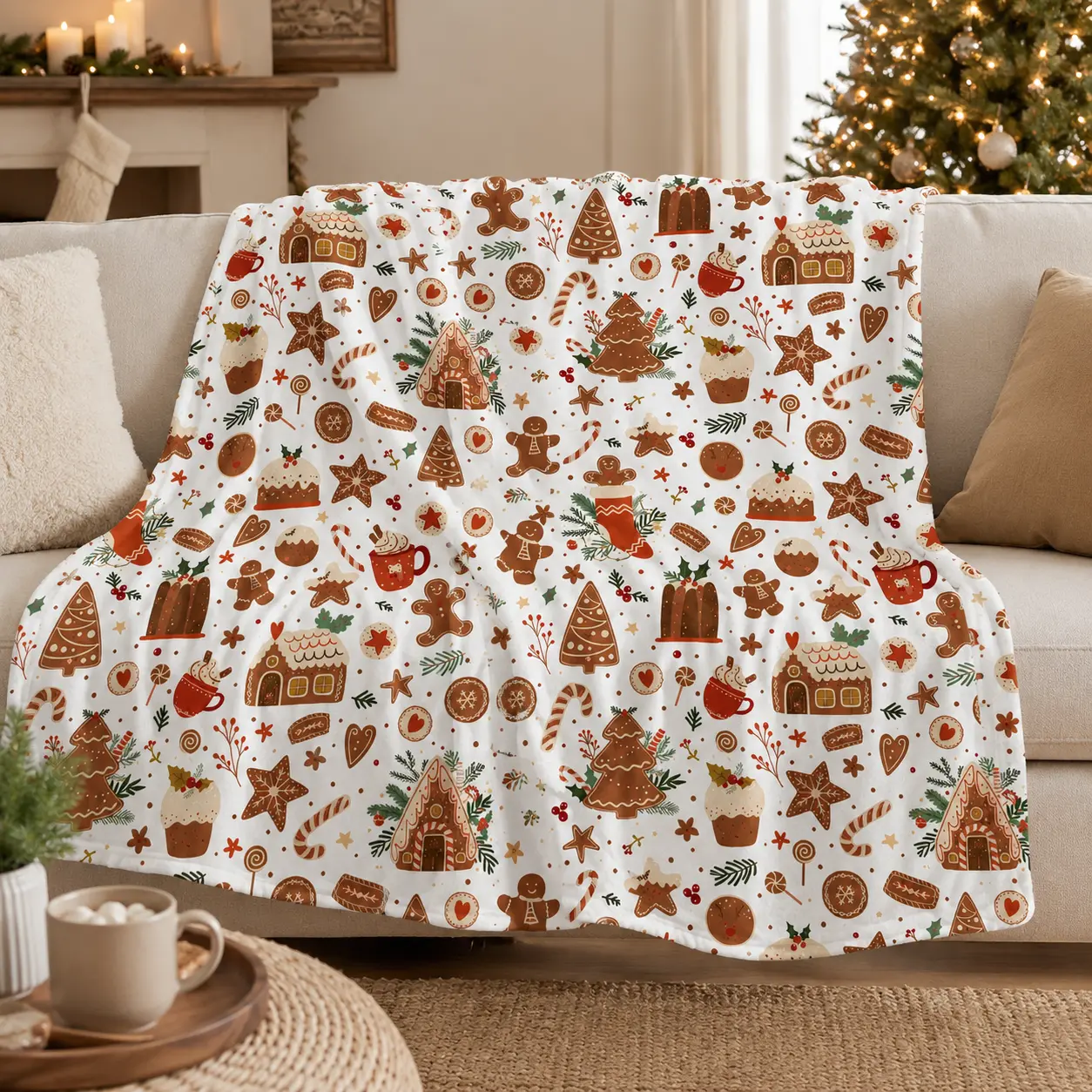 Christmas Gingerbread Flannel Throw Blanket with Cookie, Candy Cane, Gingerbread House, Tree & Holiday Dessert Print, Soft Cozy Lightweight Fleece Blanket for Couch, Bed, Sofa and Travel, Festive Winter Home Decor Gift for Kids, Teens and Adults