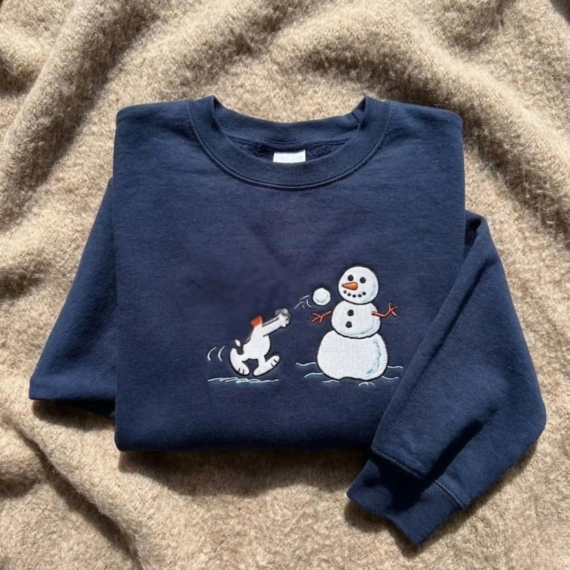 [MADE IN US] Christmas Puppy Embroidered Sweater, Peanuts Holiday Snowman Crewneck, Cozy Winter Top, Dog Walking Outfit, Funny Embroidery Snowman Shirt