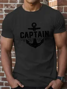 Men's Casual Crew Neck T-Shirt with Geometric Anchor Captain Print, 100% Polyester Knit Fabric, Slight Stretch, Regular Fit, Short Sleeve Top for Summer 1
