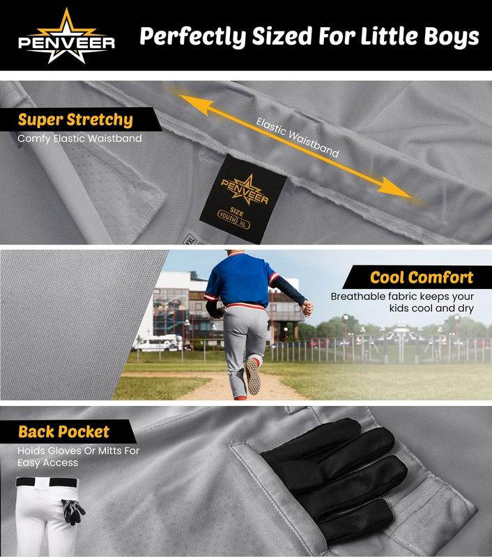 Penveer Pull-Up Youth Baseball Pants, Quarter Open Fly Boys Baseball Pants with Durable Snap & Elastic Bottom, T Ball Pants - (Grey)