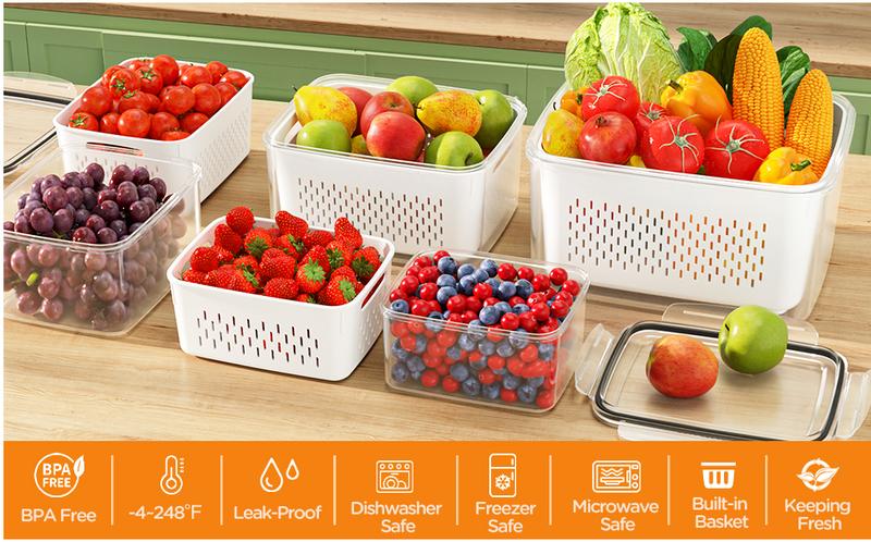 5-Pack Fruit Frige Organizers and storage-Stackable Fruit Storage Containers for Fridge with Removable Colanders 4 in 1 with Lids for Salad Berry Meat