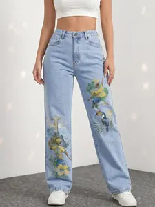 JR JEANIUS WEAR Women’s High Stretch Light Wash Wide Leg Denim Pants, All Season Casual Jeans With Watercolor Brazil Football Athlete,  Tropical Bird Floral Print, Unique Brazilian National Symbol For Brazil  distressed comfortable button Loose-Fit