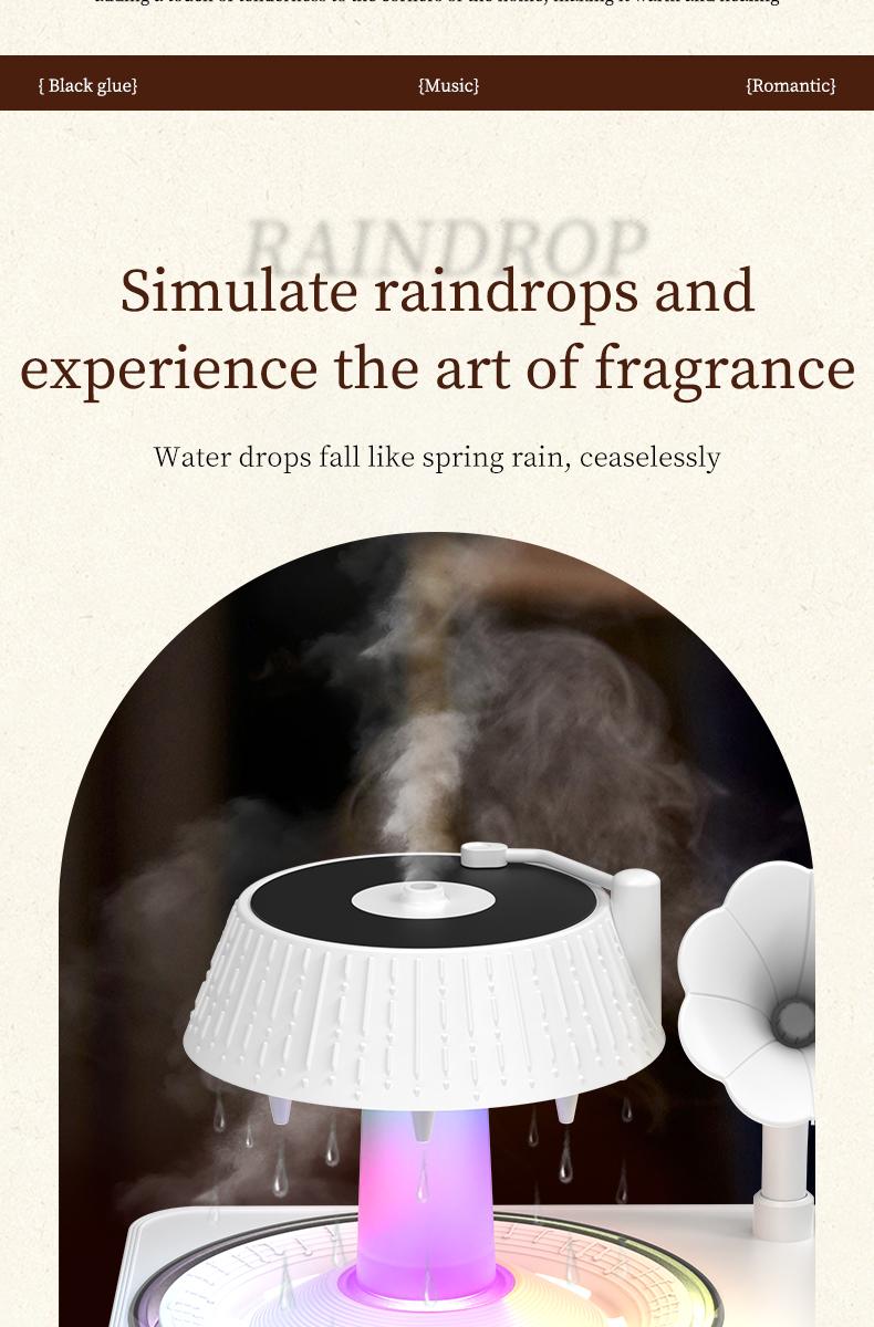 Phonograph-style aroma diffuser and humidifier with white noise and Bluetooth music, includes essential oils, features multiple natural sounds, automatic shut-off when water runs out, and ultrasonic raindrop rotation. A high-end white aroma diffuser gift.