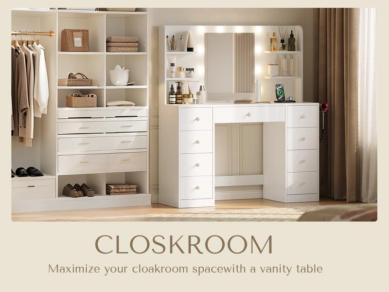 [New Year Deals] Vanity Desk with Mirror Lights 9 Drawers 6 Storage Shelves Dressing Table Power Outlet 3 Color Modes 10 LED Bulbs for Girls Bedroom,Gift for Daughter, Wife & Mom – Girls Bedroom Essential