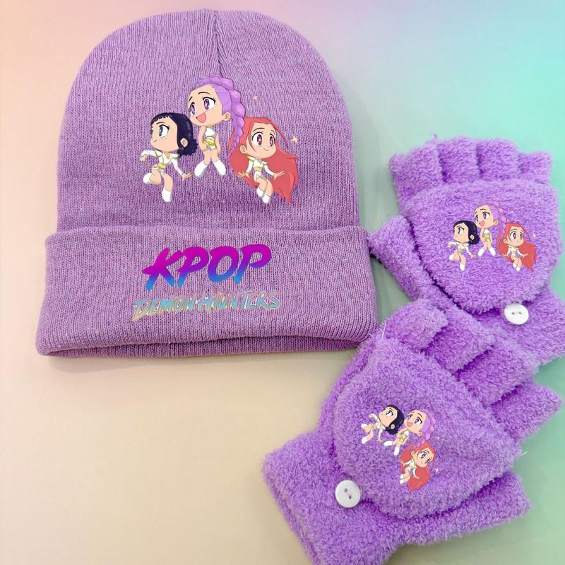 Kpop Anime Emroidered Beanie Hat and Matching Plush Gloves Set Purple Knitted Winter Cap with Rumi Zoey Mira Cartoon Print for Autumn and Winter Wear