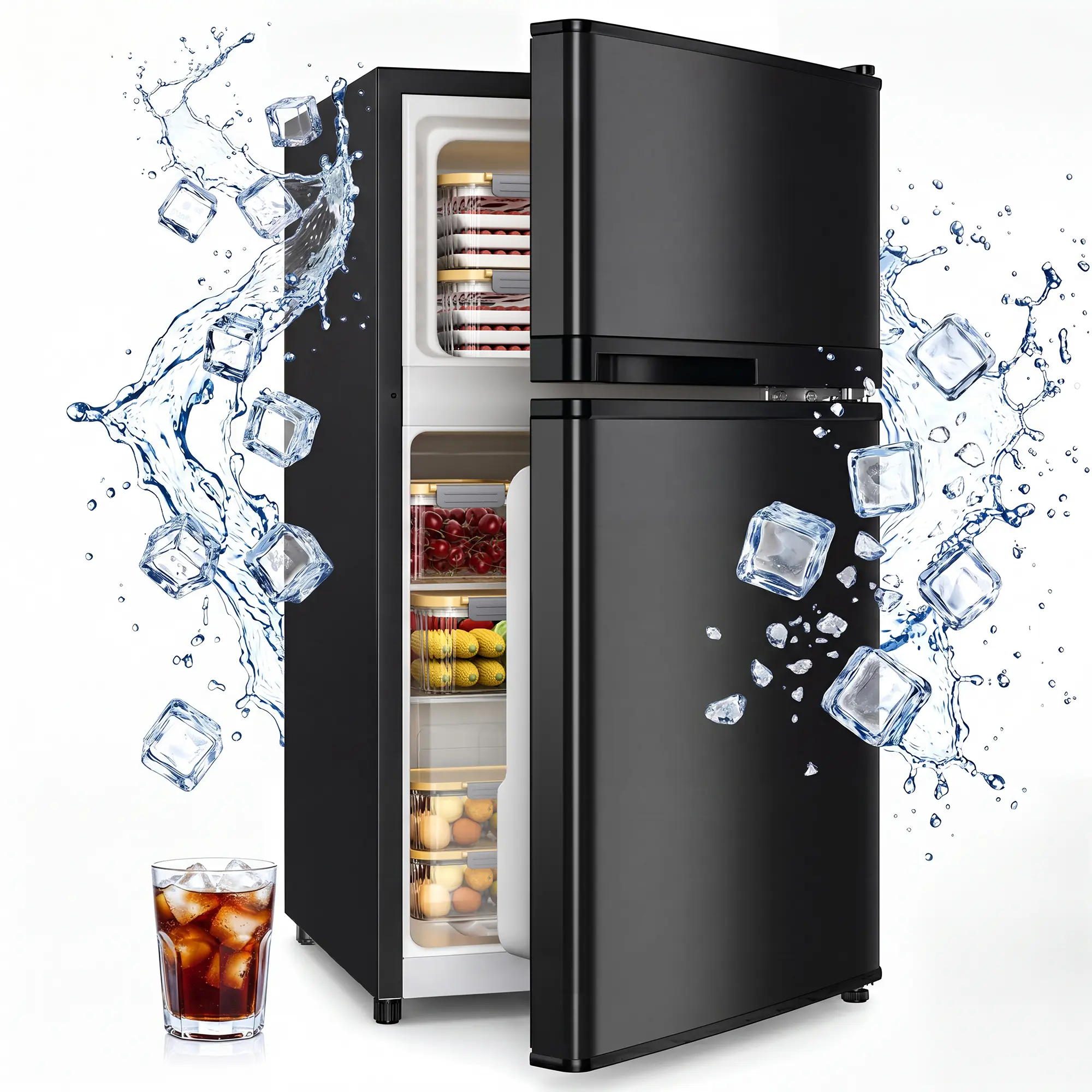 TEHANLD 3.55 Cu.Ft Mini Fridge with Freezer, 2-Door Small Refrigerator with Adjustable Thermostat, Quiet Mini Refrigerator for Bedroom, Dorm & Office (Black)