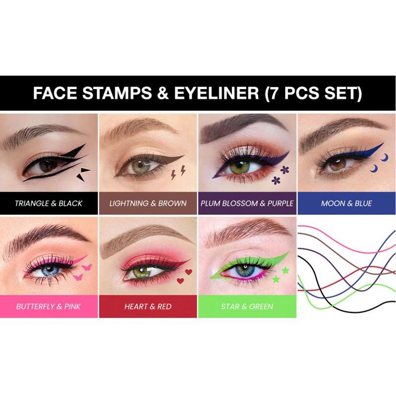 Valentines Day Gifts for Her/He  liquid Eye Liners Face Stamp Cosplay Gothic Makeup Set Kit for Beginners, Black Brown Purple Blue Red Pink Green Star Flowers Heart Moon Triangle Lightning Butterfly Stamps Eyeliner