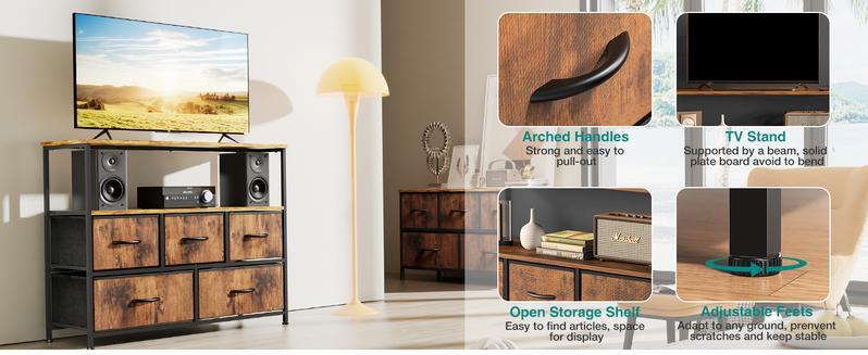Cupboards Cabinets Entertainment Center with 5 Fabric Drawers, Media Console Table Storage Shelf for Bedroom/Living Room/Hallway, TV Stand Cupboards Cabinets Entertainment Center with 5 Fabric Drawers, Media Console Table Storage Shelf for Bedroom/Living Room/Hallway, TV Stand