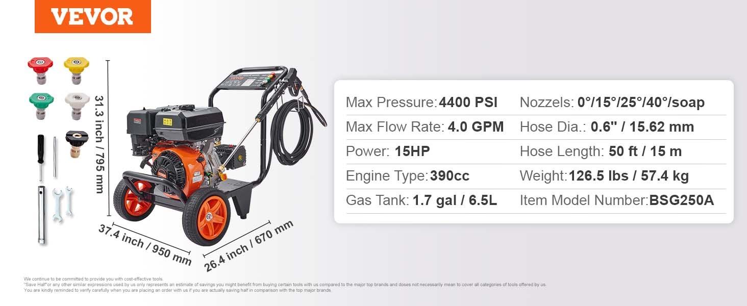 VEVOR Gas Pressure Washer, TikTokShopBlackFriday, Max 4400 PSI 4.0 GPM, Gas Powered Pressure Washer with Copper Pump, Spray Gun and Extension Wand, 5 Quick Connect Nozzles, for Cleaning Cars, Homes, Driveways, Patios