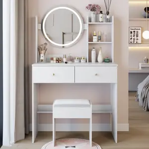 Round LED Mirror Vanity Table + Soft Cushion Stool Suit, Large Mirror, Touch Switch, Adjustable Brightness, Large Desktop, Multi-layer High Capacity Storage, Suitable For Small Space vanity  without  let