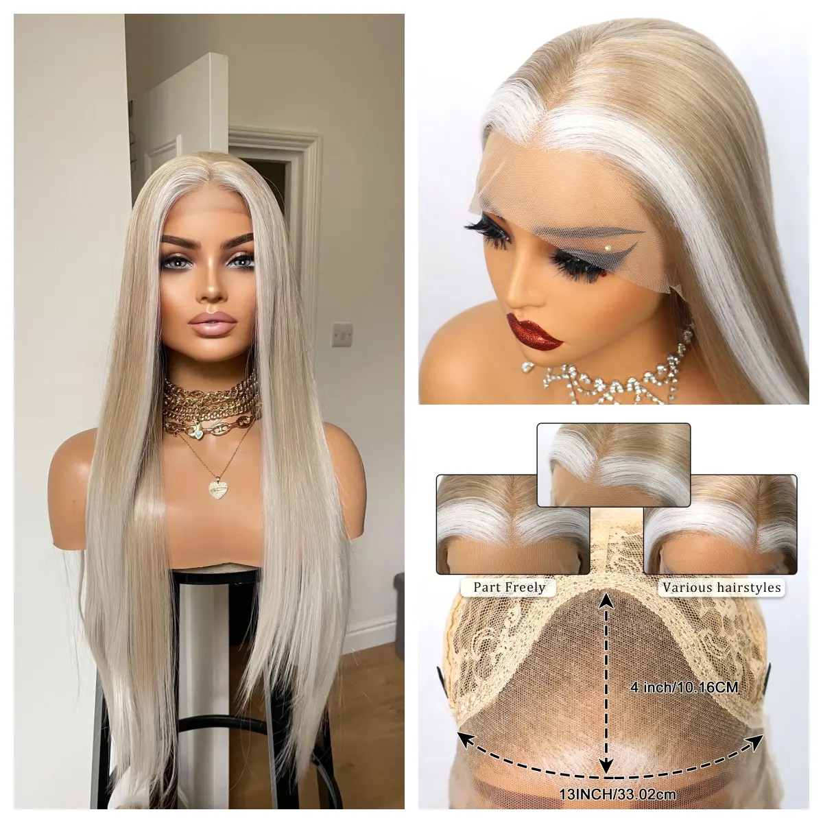 Long Straight Lace Front Wig, 28-Inch Blonde Synthetic Hair for Women with Money Piece Highlights, Glueless 13x4 Free Part