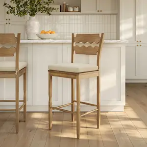 Jax Oak Wood Bar Stool With Wavy Razor Back and Cushion in Weathered Oak Linen