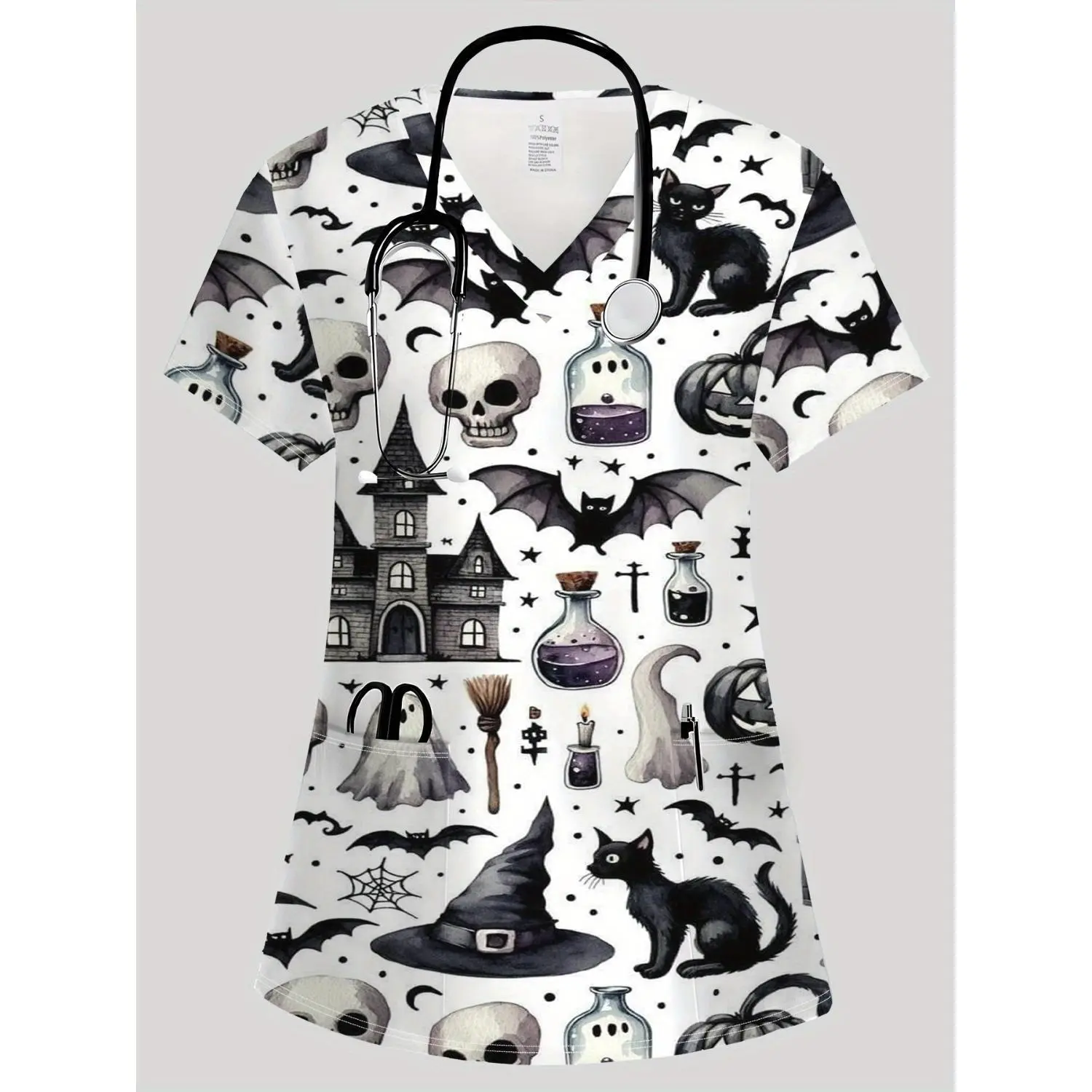 Adorable Cartoon Print V-Neck Short Sleeve Uniform Top with Pockets - Soft, Breathable Polyester for All-Season Casual Wear