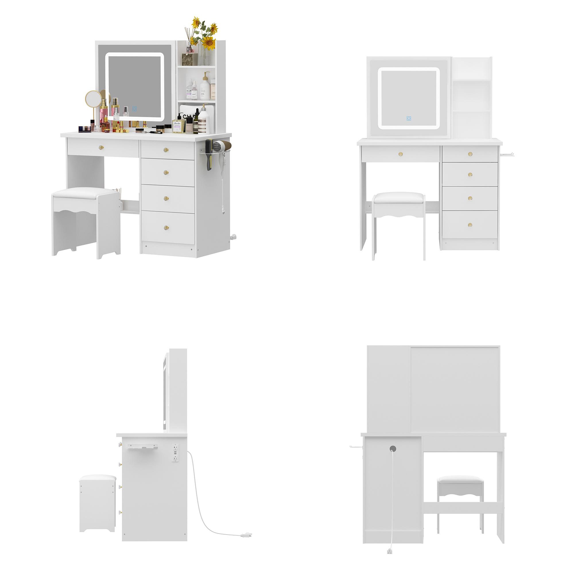 FUFU&GAGA  Makeup Vanity Desk Set with Sliding Lighted Mirror, Power Strip & Hair Dryer Holder, with Drawers, Storage Shelves & Stool