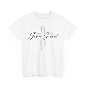 Men's Short-Sleeve Ribbed Cotton Jesus Saves Cross T-Shirt, Elegant Christian Faith Religious Scripture Design for Everyday Wear