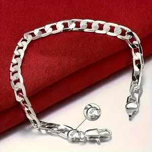 Men's 8-Inch 925 Sterling Silver Bracelet-Fashion Simple Style, Flat Design, Daily Accessories, 925 Silver Material, Suitable for Casual Wear/Fashion Personal Style/All Men-1 Pack