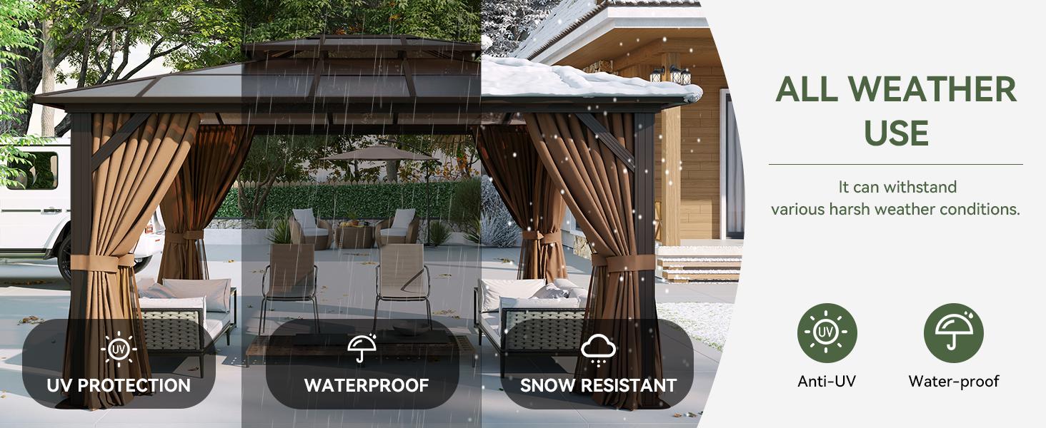 【Ships in 2 Packages】Aoxun 12'x10' Hardtop Gazebo, Aluminum Frame Permanent Pavilion with Curtains and Netting, Outdoor Polycarbonate Double Roof Canopy, Designed for Garden, Lawns, Patio, Brown