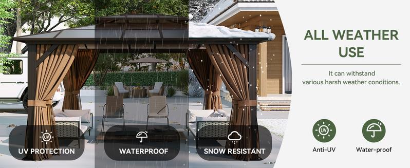 【Ships in 2 Packages】Aoxun 12'x10' Hardtop Gazebo, Aluminum Frame Permanent Pavilion with Curtains and Netting, Outdoor Polycarbonate Double Roof Canopy, Designed for Garden, Lawns, Patio, Brown