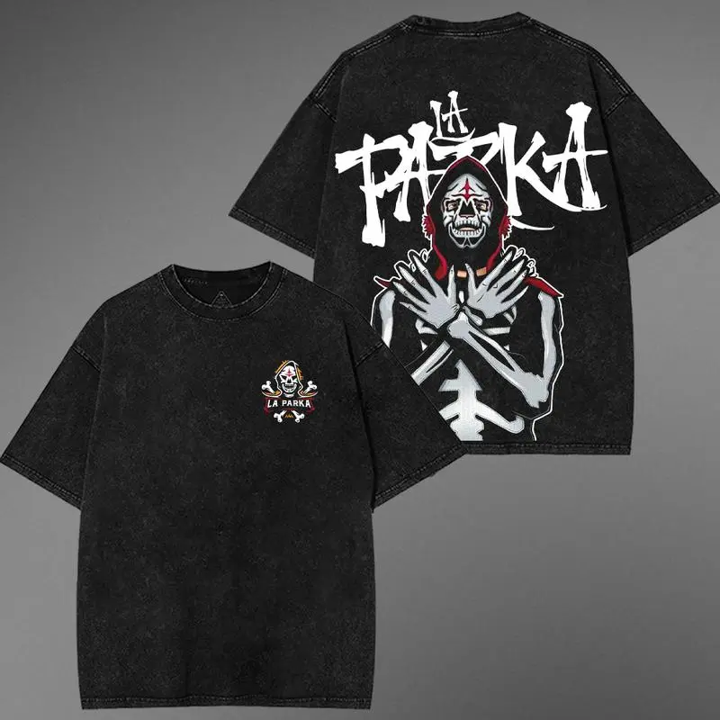 La Parka Skeleton King Lucha Libre Graphic Tee Washed Black Gothic Font Vintage Style Unisex Short Sleeve All Season Collector's Edition 100% Cotton