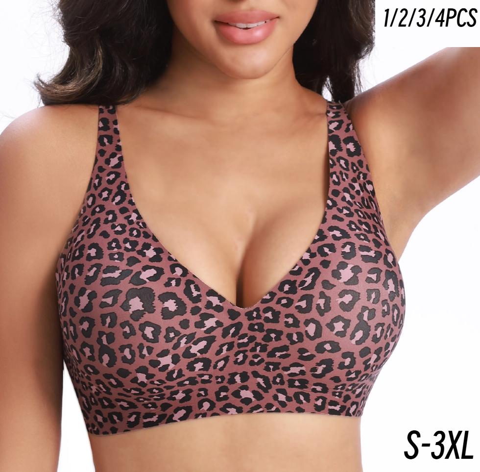 1/2/3/4PCS Wireless No Underwire Leopard Print Jelly Bra Everyday Comfort Push UpSeamless T-Shirt Bra with Minimizer & AdjustableStraps Fit Minimalist Fabric Womenswear Soft FitSmooth Yarn Basic Lady Underwear S-3XL