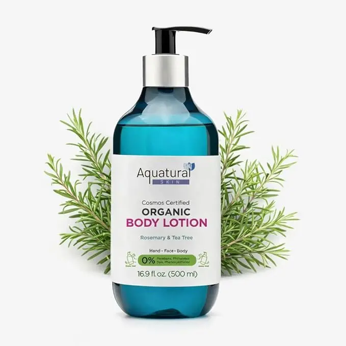 Aquatural Organic Body Lotion Rosemary & Tea Tree 16.9 fl oz - Cosmos Certified, Sensitive Skin, Deep Hydration, Lightweight, for Women & Men
