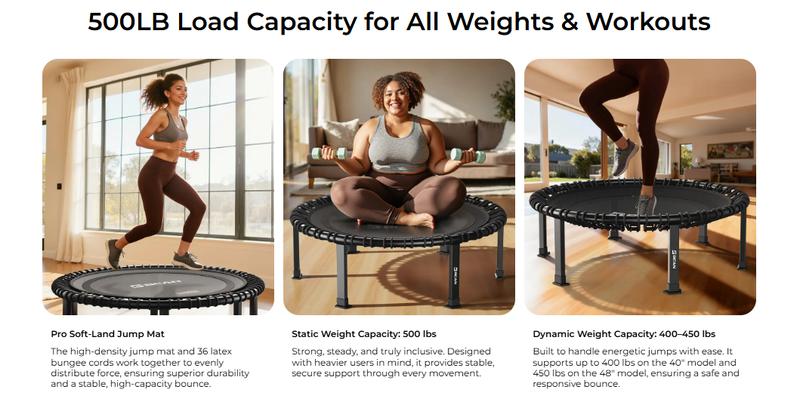 FED Fitness Bcan BT4 Soft Land Pro Adult Round Bungee Trampoline with Adjustable T-Handlebar — High Capacity Fitness Rebounder, 6 Resistance Levels & Bonus Accessories