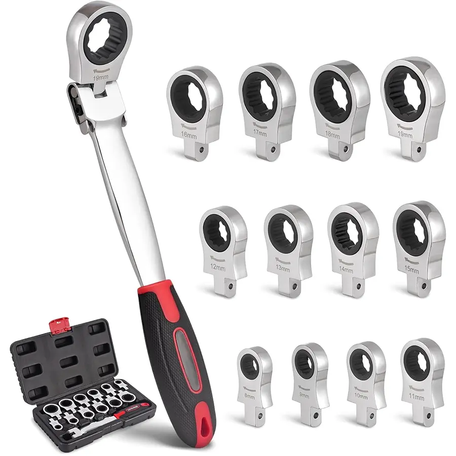 12-in-1 Interchangeable Head Ratcheting Wrench Set,8-19mm Flex Head for Tight Spaces,Mechanic Tool Set,Father's Day Gift for Dad#summerfinds