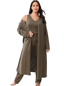 Plus Size 3 Piece Loungewear Set with Long Cardigan Tank Top & Pants Curvy Friendly Coordinated Lightweight Comfortable - Fit
