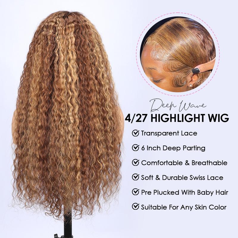 Pizazz Hair 4/27 Highlight Honey Blonde Deep Wave 13×6 Human Hair HD Lace Front Wigs 180% Density Lace Frontal Human Hair Wigs