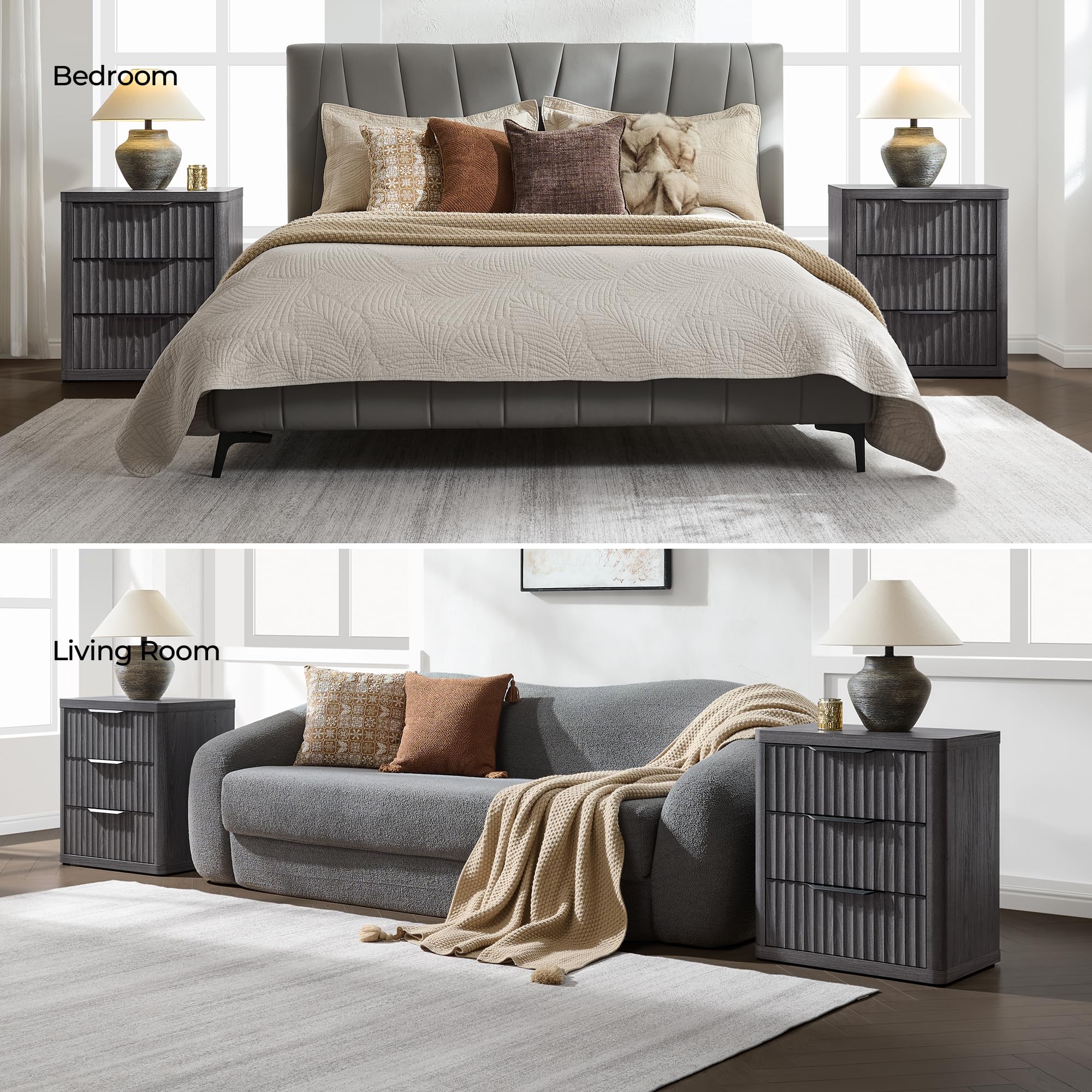 SICOTAS Night Stand Set of 2 Nightstands with 3 Drawers Storage Bedside Table Large Fluted Bed Side End Table Modern 25.6" Tall Wide Mid Century Night Stands for Bedroom Living Room Sofa Couch Office, Minimalist and Practical