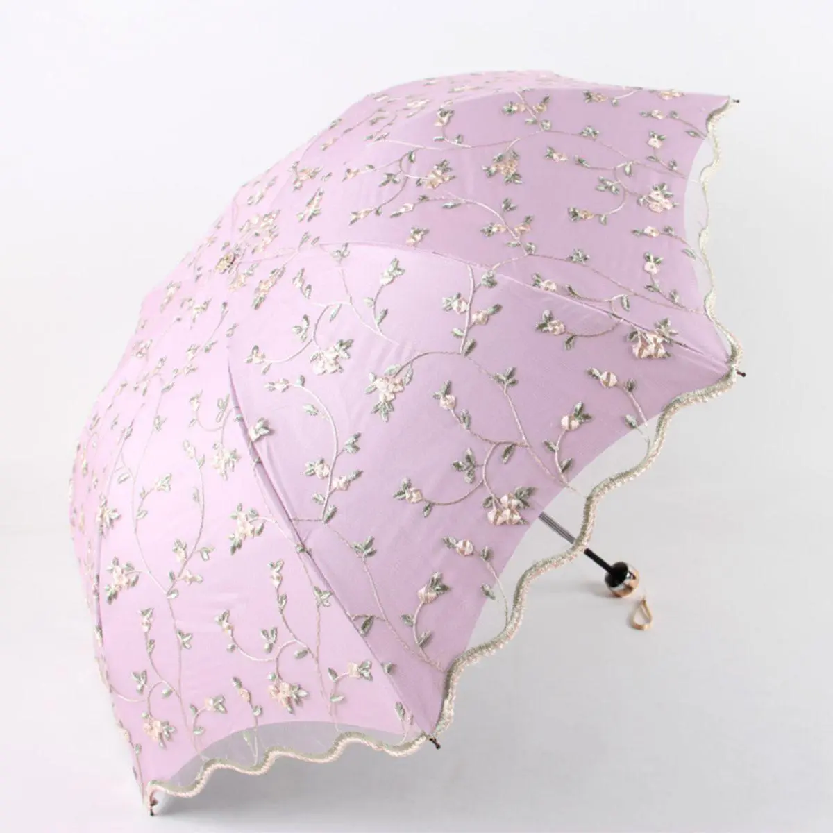 Vintage Pastel Lace Flower Embroidery Umbrella, 1 Count Manual Folding Portable Rain Umbrella, Sunshade Umbrella for Outdoor Activities, Lightweight Waterproof Umbrella, Home Supplies, Lightweight Foldable Umbrella