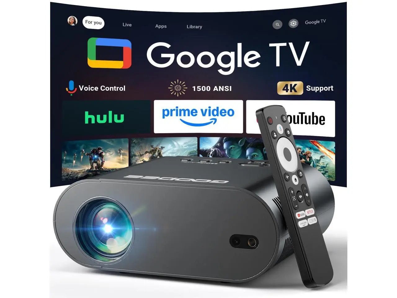 [Google TV/Voice Control]GooDee 4K UHD Smart Projector with WiFi and Bluetooth, Portable Movie Projector Applicable Netflix,Prime Video,YouTube Built-in, Dolby Sound Home Theater for Indoor/Outdoor