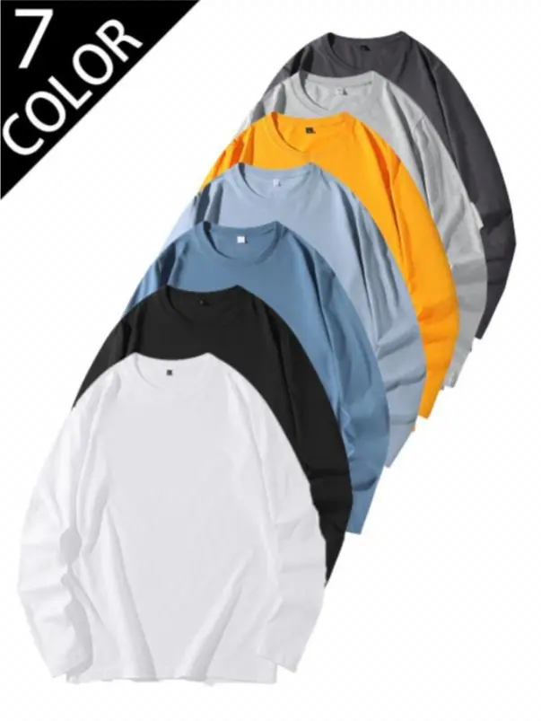 Unisex Solid Color Long Sleeve T-shirt, Classic Round Neck Basic in Soft Breathable Premium Cotton for Menswear Layering