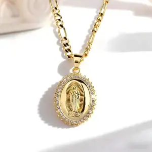 14k Fashion Virgen de Guadalupe Medal  Christian Virgin Mary Holy Spirit Religious Retro Pendant Jewelry with Gold Chain Necklace