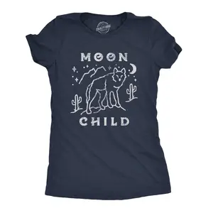 Womens Moon Child T Shirt Funny Desert Wolf Coyote Novelty Graphic Tee Funny Womens T Shirts Cute Vintage Fashion Casual Ladies T-Shirt Gift Women's Novelty Tees Navy