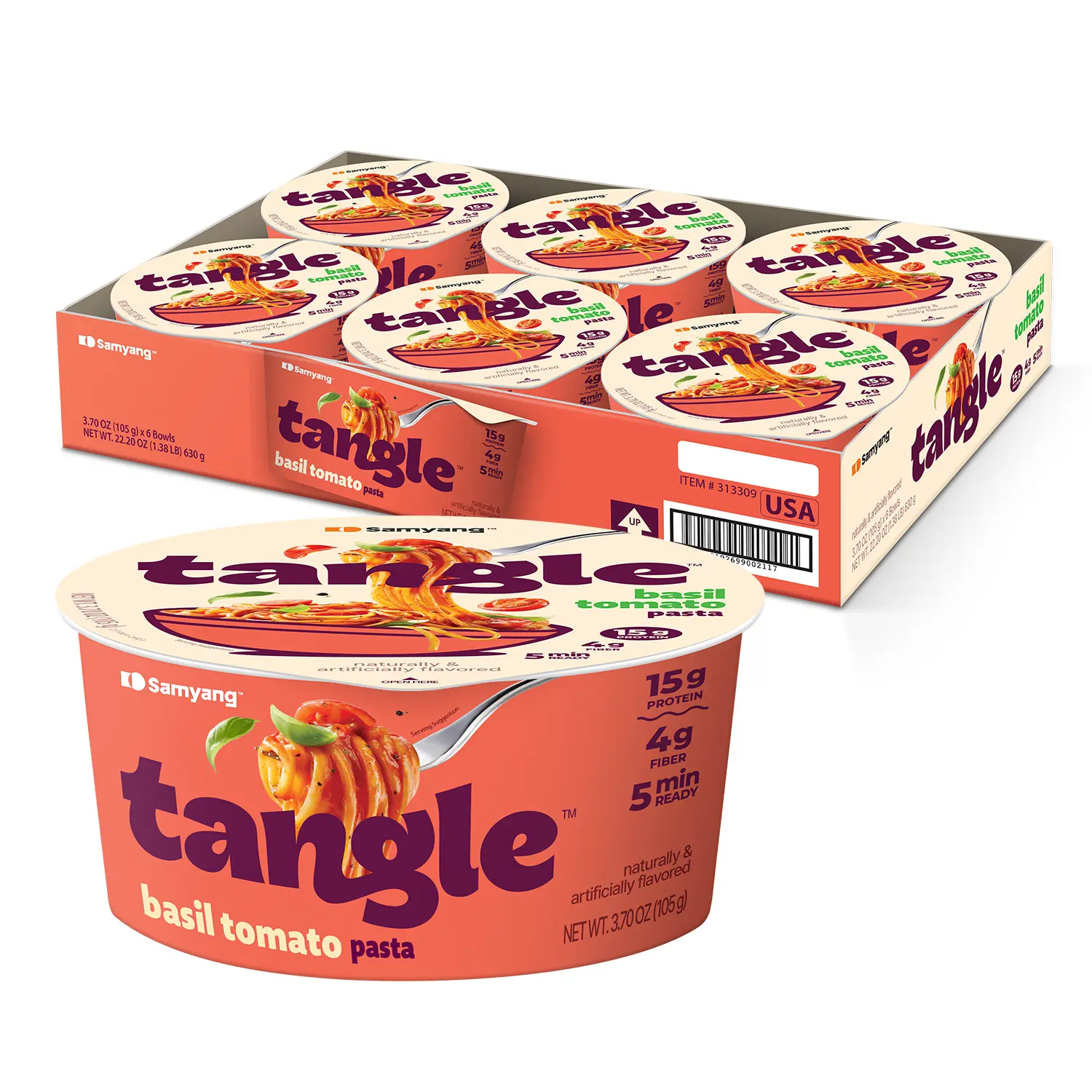 Tangle Basil Tomato Instant Pasta Bowl, 15g Protein Linguine, 3.7oz 6-Bowls