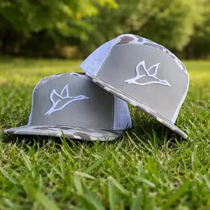 Flying Duck Camo Trucker Hat | 7 Panel Brackish Camo Snapback | White Mesh Hunting Waterfowl Hat | Outdoor Flat Bill Cap