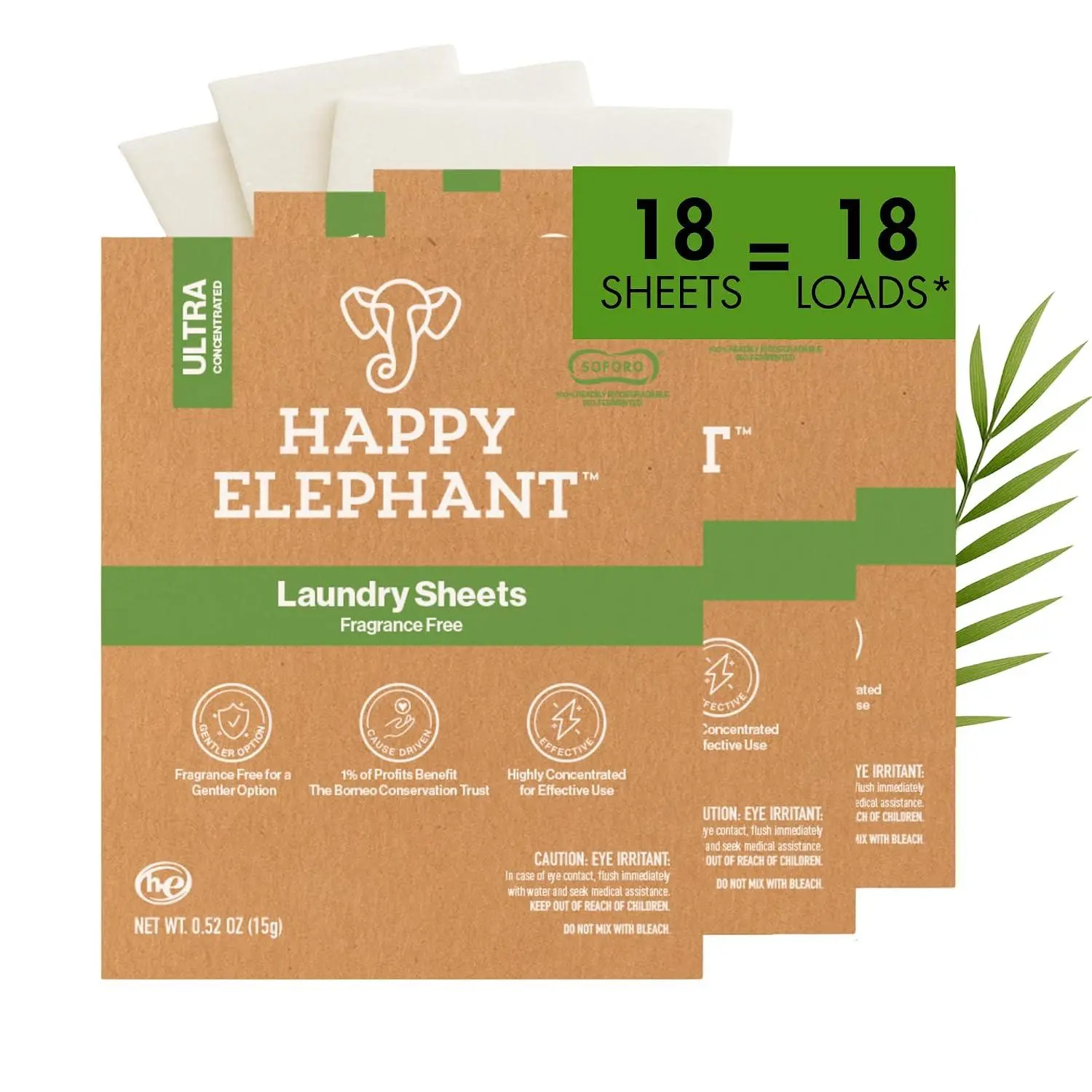 Happy Elephant Laundry Detergent Sheets, Fragrance Free, Natural Biodegradable Laundry Sheets, Travel Ready, Tough on Stains, Gentle on Skin, Compatible with HE & Any Washing Machine, 30 Sheet, 1 Pack