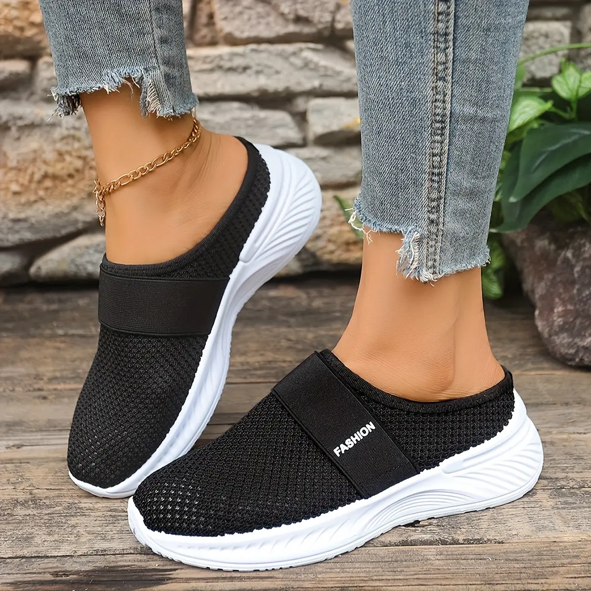 Women's Mesh Slip-On Backless Mule Sneakers - Breathable Strap, Light Wave Sole Walking Shoes
