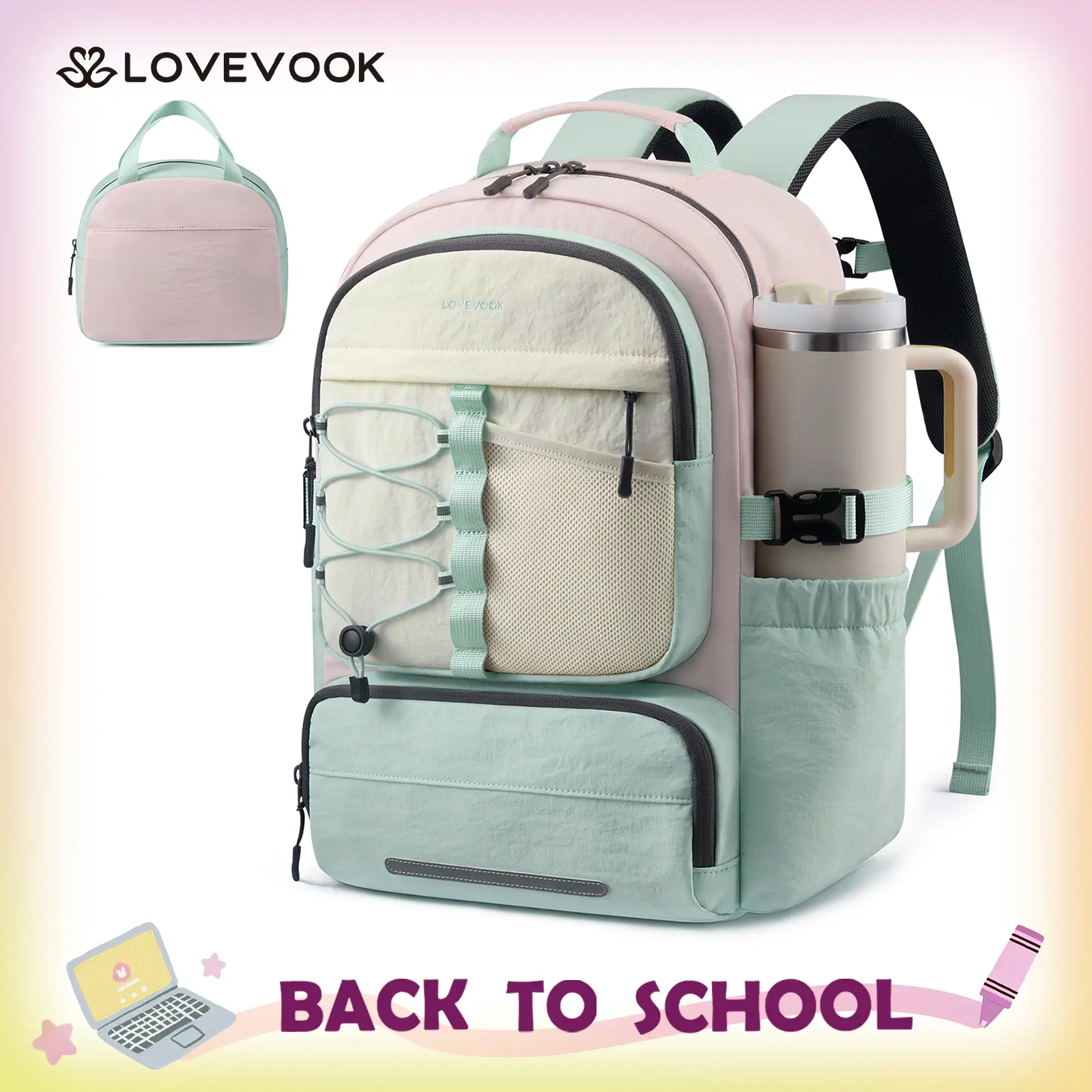 LOVEVOOK School Backpack for Teen Girls, Unique Style College Student Backpacks with Large Cup Holder, Cute Kid Bookbag with Pens Compartment, Large Capacity Back to School Backpack Fit 15.6'' Laptop