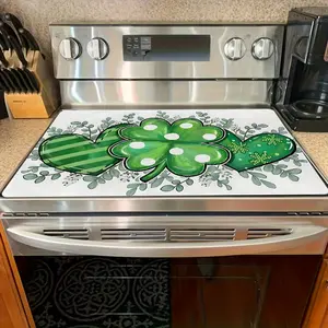 1pc Stove Cover Protector Suitable for Kitchen, Washing Machine, Dryer & Stovetop Panel - St. Patrick's Day Clover & Hearts Design with Green Pattern, Easy-Clean Stovetop Protector for Stove, Dryer Cover, Washing Machine Panel