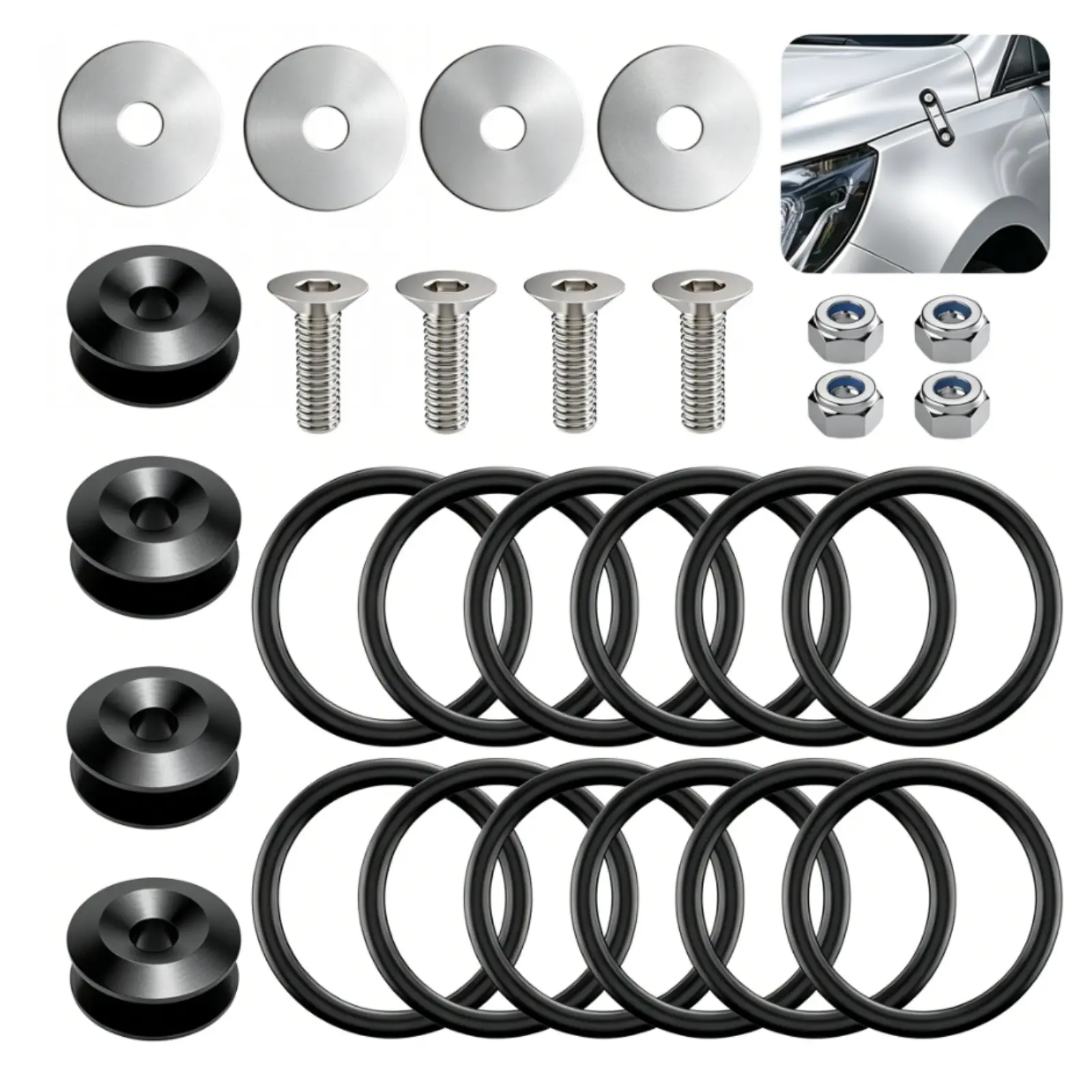 Car Front Rear Bumper Quick Release Tool Set, Universal Bumper Clips, Bumper Holders for Cars (4 Black Bumper Quick Release Tabs and 12 Customized NBR O-Rings)