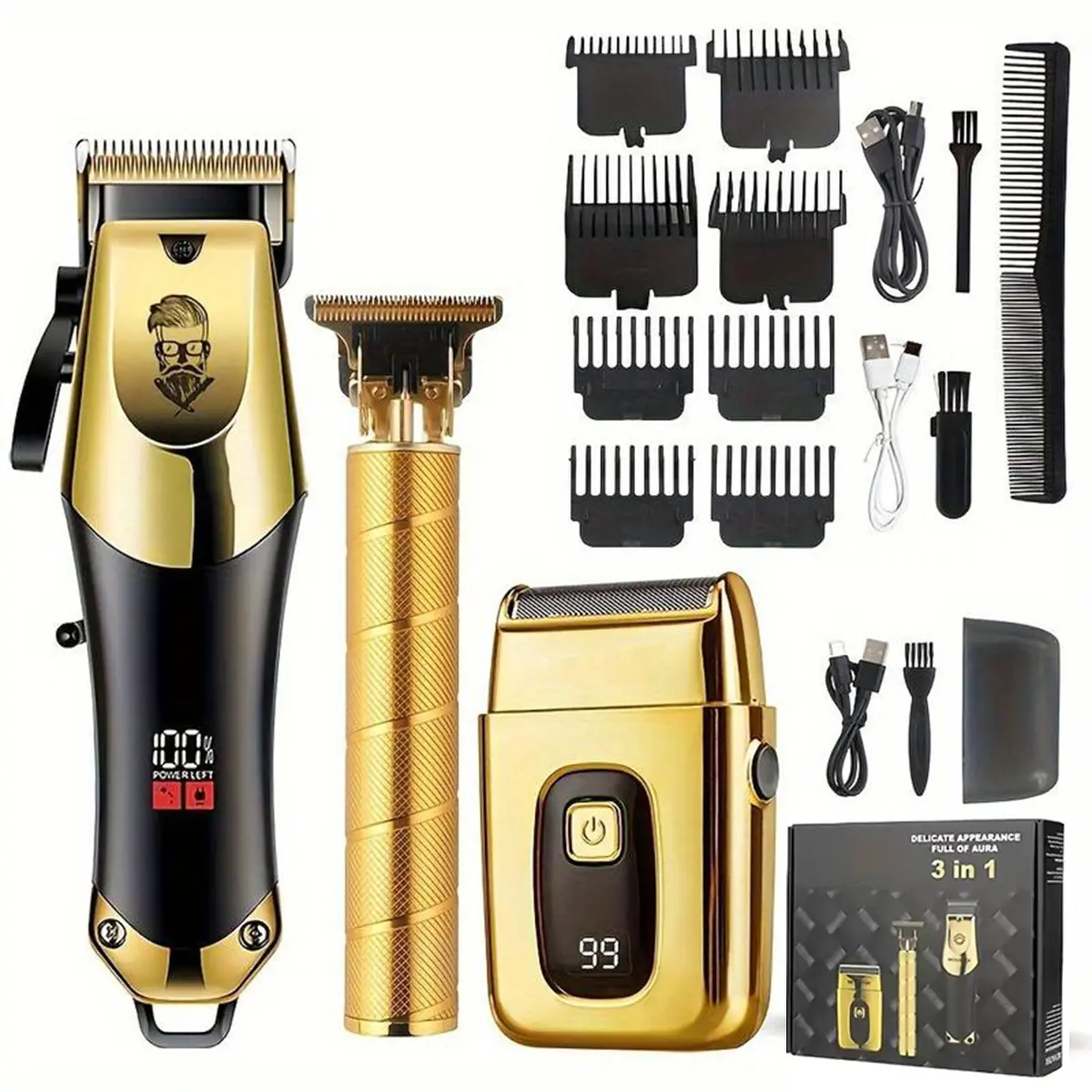3 Piece Professional Blonde Hair Clipper & Trimmer Kit for Men USB Rechargeable Barber Set Featuring LCD Display, Adjustable Blade Hair Clippers, and Professional Men's Trimmer Hair Cutting Kits