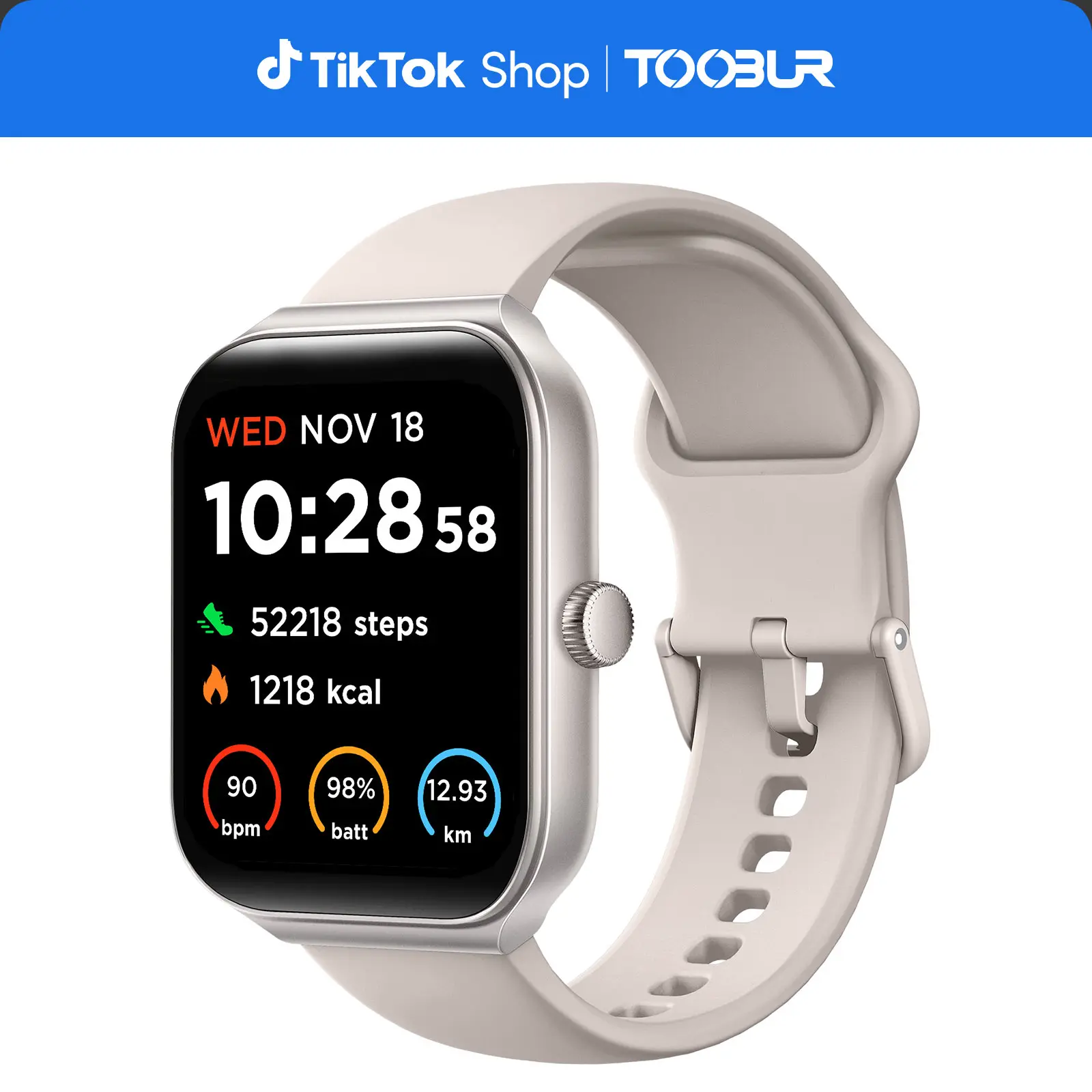 TOOBUR 1.95" LCD Electronic Sport Watch – Calling Smart Watch with BT Call Function, Smart Voice Assistant, Sleep Tracking, IP68 Waterproof, Step & Calorie Tracker, 100 Sports Modes, Wearable Tech for Men & Women (Beige, Compatible with iOS Android)
