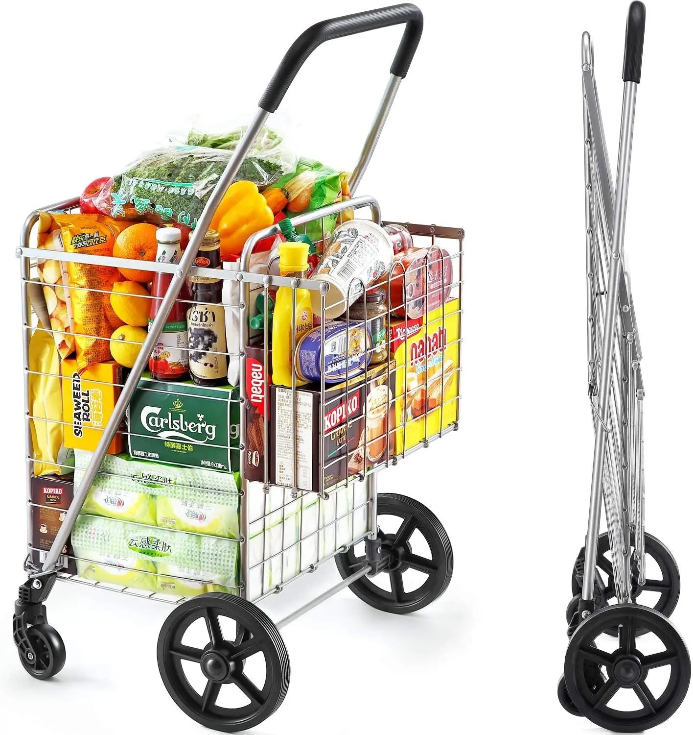 WELLMAX Foldable Metal Grocery Shopping Cart - Dual Swivel Wheels, Extra Basket, 66 lbs Capacity, Expandable Lightweight Silver Cart for Home, Gardening, Apartment Grocery Runs by Adults, Rolling Cart Organization